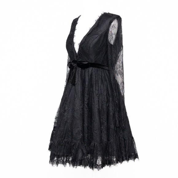 Mac Duggal - Black Long Sleeve Deep V Lace Babydoll Dress - Picture 10 of 13